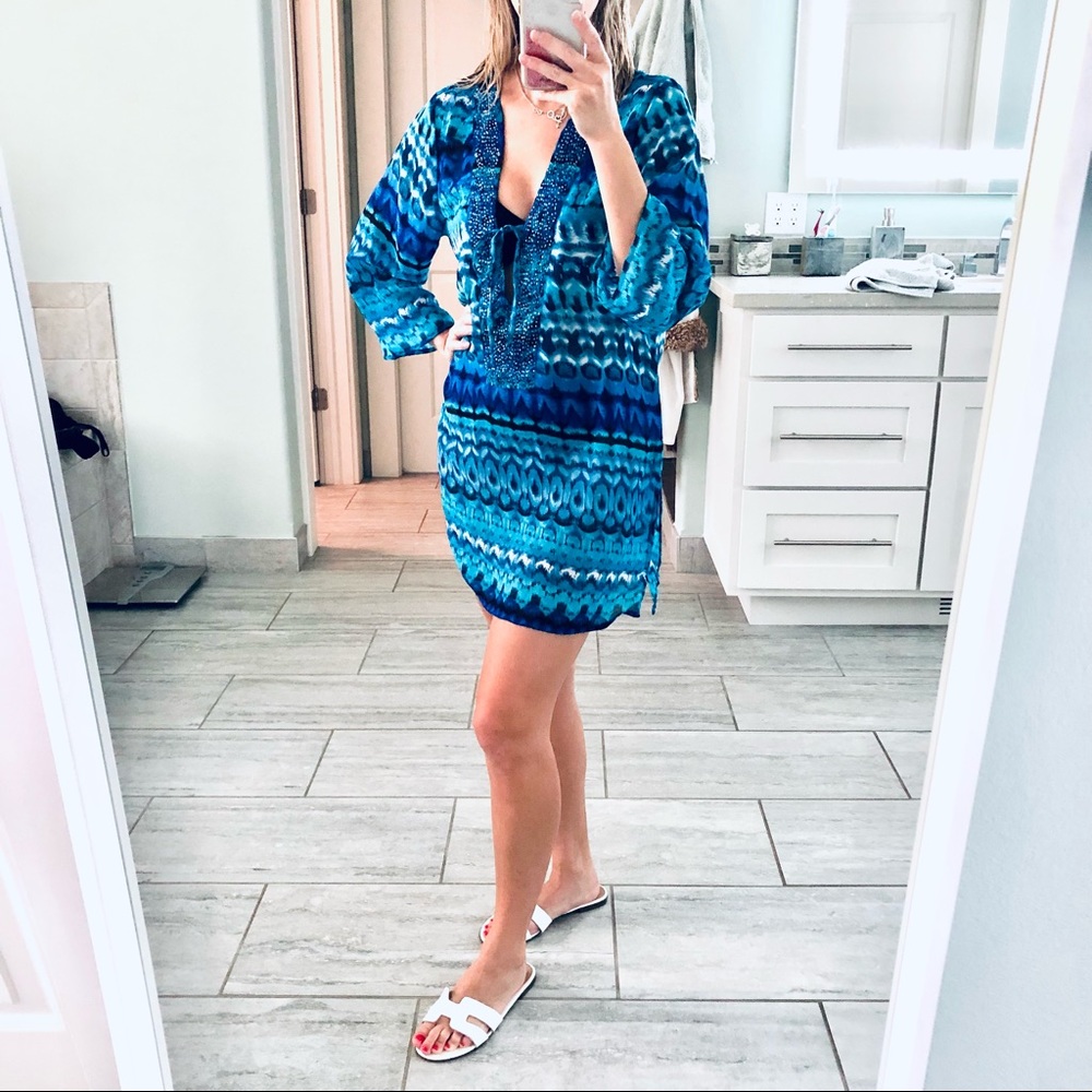 Raviya beaded sheer tunic swimsuit coverup